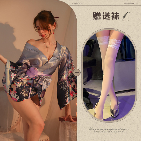 Yetingxiang Purple Sensual Robe Sleep Dress – Japanese-Inspired Kimono Style Lingerie with Waist Tie & Floral Design - Purple and white stockings