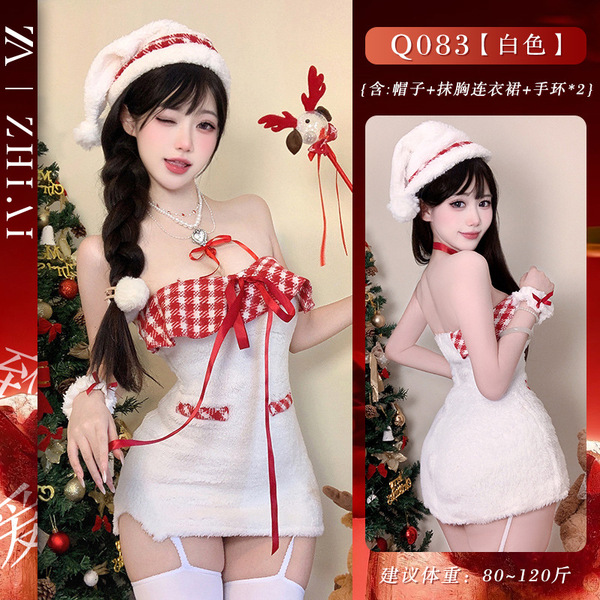 Velvet Christmas Lingerie Set - Sexy Abstinence Style Red Cosplay Sleepwear Outfit for New Year & Holiday - Q083 Christmas [Christmas Dress + Hat + Bracelet * 2]