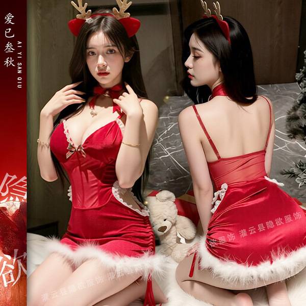 Christmas Lingerie Set - Sexy Velvet Cosplay Costume Dress with Seductive Strap Details, New Year Pure & Tempting Outfit - Q208 Christmas [Christmas Dress + Headband + Neckband + T-shirt]