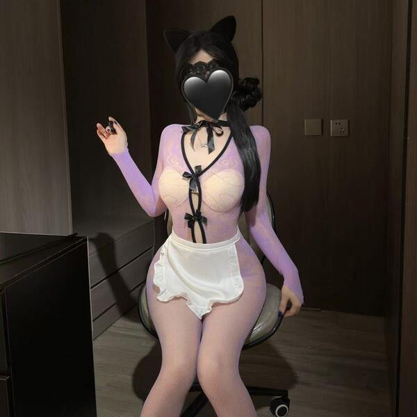 Qiaoduo lace sheer bodysuit with open-crotch design, featuring maid costume elements and heart mask, perfect for sexy sleepwe...