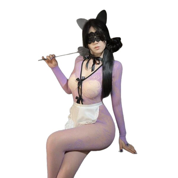 Sexy qiaoduo lace sheer bodysuit with open-crotch design, perfect maid costume for women, elegant mesh sleepwear