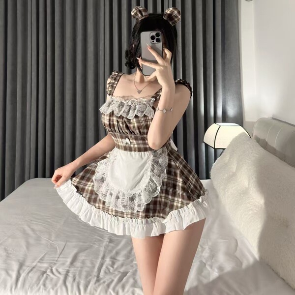 Qiaoduo schoolgirl maid costume - sexy lace trim split-back plaid dress cosplay outfit featuring ruffled details and playful ...