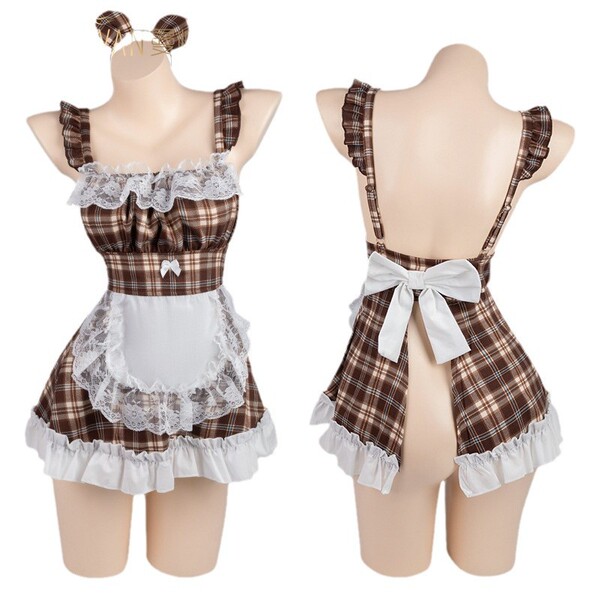 Qiaoduo schoolgirl maid costume - sexy lace trim split-back plaid dress cosplay outfit featuring ruffled details and playful ...
