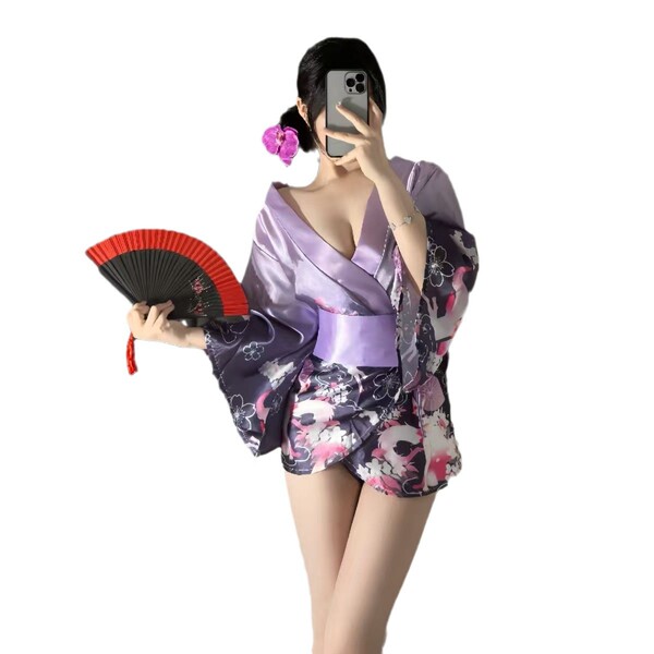 A woman poses with a fan, wearing a purple lace kimono set featuring anime-inspired floral patterns. the outfit includes a de...