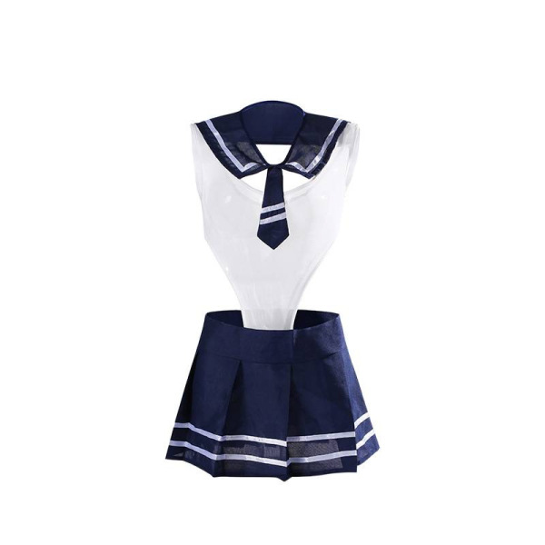 Qiaozhiqing schoolgirl jk dress set with navy skirt, white top, tie, and matching handcuff accessories.