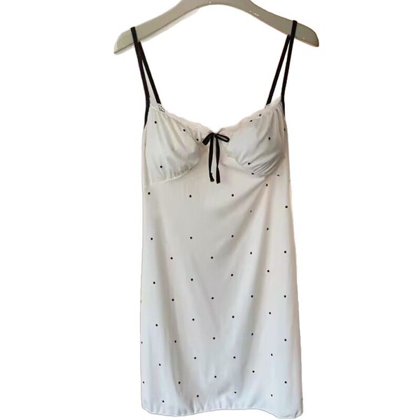 Qing lian yi sexy sleepwear for women – white polka dot cami slip dress with black straps and built-in pads, pure and allurin...