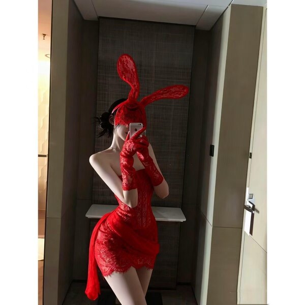 Taoxitang Sexy Lingerie Set - Seductive Sheer Lace Sleep Dress & Matching Costume Outfit for Women - Passionate Red Set + Veiled Headband + Lace Stockings