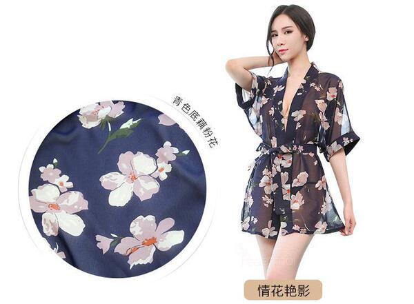Passion Youmei Butterfly Lingerie Set for Women – Sheer Chiffon Kimono Robe & Sexy Sleep Dress, Wholesale Factory Direct - Love Flower Shadow Blue