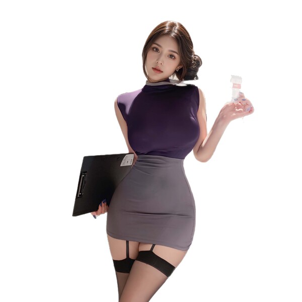 A woman poses with a laptop and perfume bottle, wearing a purple top, gray bodycon mini skirt, and black stockings. the outfi...