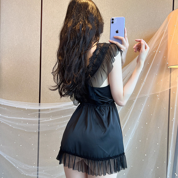 Qingran lace low-cut sleep set – ice silk satin cami & matching shorts, sexy elegant nightwear for women, showcased from the ...