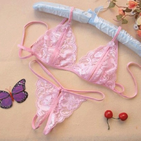 Pink qingran lace thong bra set with sheer open-crotch design, elegant floral patterns, and delicate straps for women.