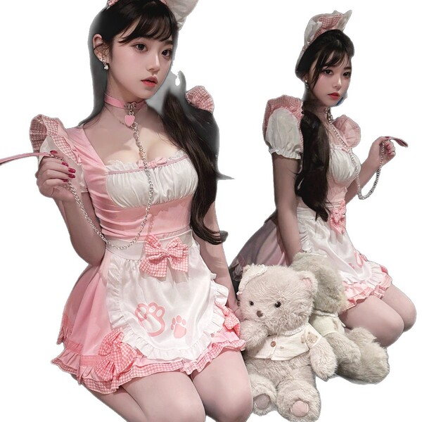 Qingran maid costume cosplay outfit - cute cat ear lolita servant dress for women, featuring charming pink and white design w...