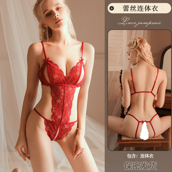 Woman wearing red qingran sexy lace bodysuit with sheer panels, cut-out details, and delicate straps—front and back views sho...