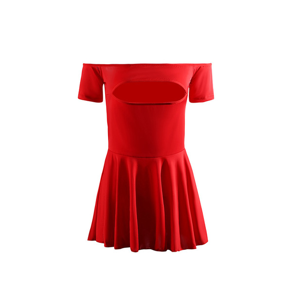 Red off-shoulder dress with scoop neckline, flared skirt design, perfect for evening wear or sleepwear.