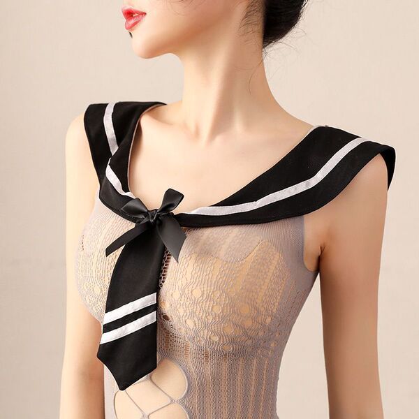 Woman wearing qingran sexy mesh lingerie set with sailor collar and bow, cute student uniform role play bodysuit.