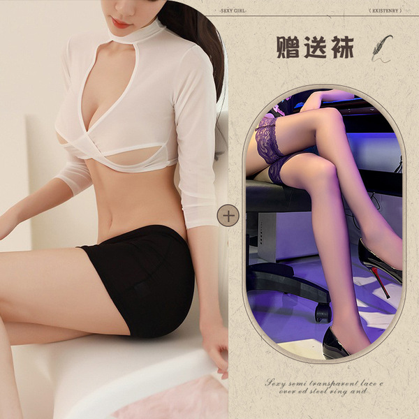 Sexy girl wearing elegant european-style lingerie outfit, featuring sheer top and black skirt, perfect for secretarial attire...