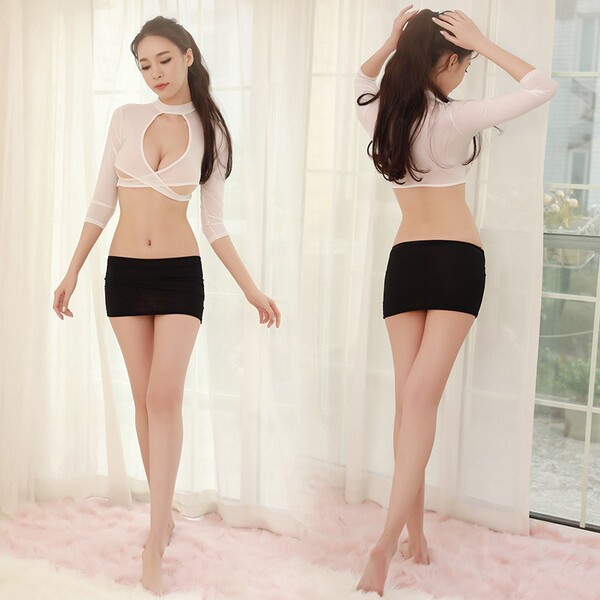 Qingran sexy secretary costume set – elegant european-style lingerie outfit featuring a sheer top with cutout design and blac...