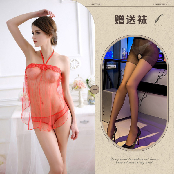 Sexy girl wearing qingran summer sexy lingerie set, featuring transparent lace belly dance bra and panty outfit for women.