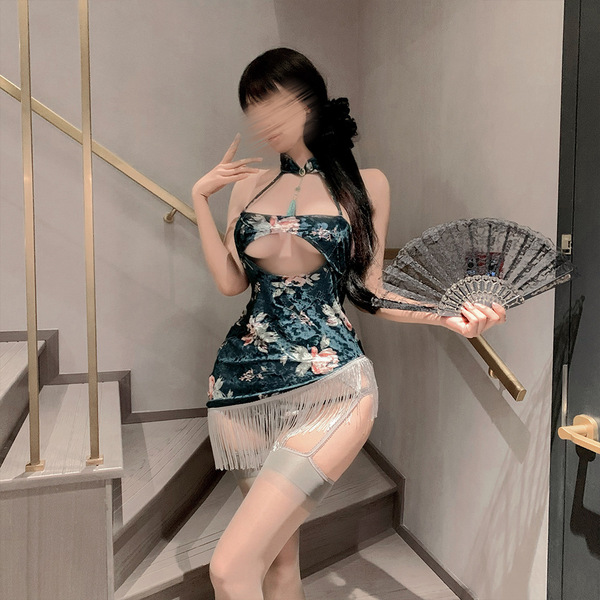 Qingran vintage velvet cheongsam lingerie - seductive peony print bodycon dress with tassels, featuring elegant design and lu...