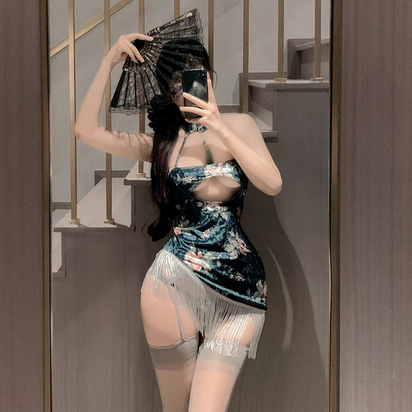 Qingran vintage velvet cheongsam lingerie - seductive peony print bodycon dress with tassels, featuring elegant design and lu...