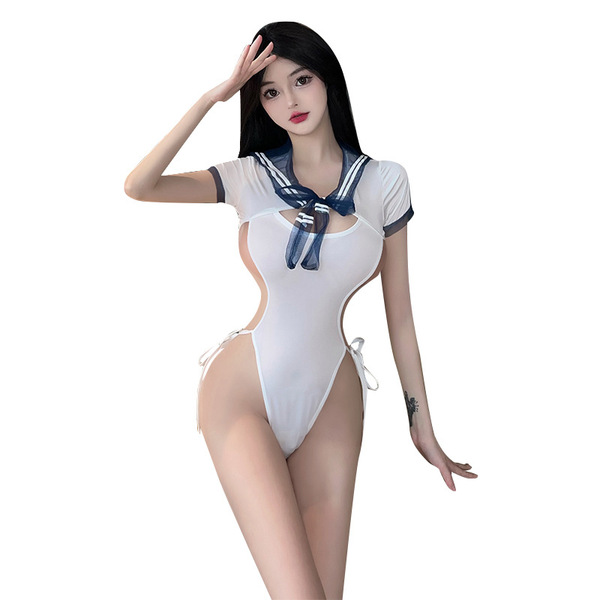 Qingruohan japanese-style sexy lingerie bodysuit - cute pure-temptation tie-up uniform for women, featuring a white sailor-st...