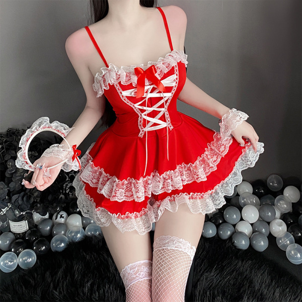 Red lace-trimmed maid costume lingerie set with white ribbon lacing, ruffled hem, and matching headband—sexy sleepwear for sm...