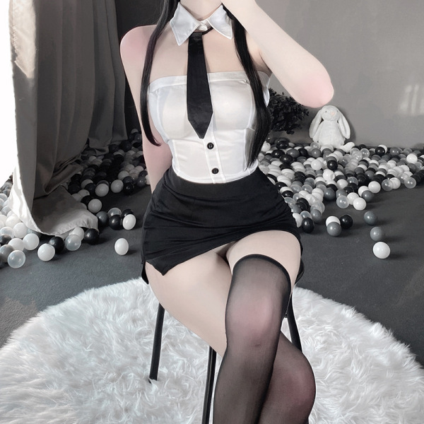 Woman wearing qingruohan milk silk bodysuit secretarial outfit, a sexy lingerie set with alluring uniform style, sitting on a...