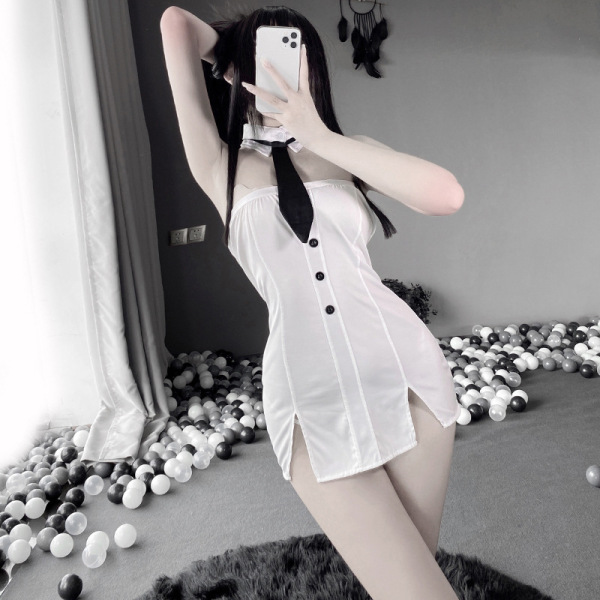 Woman posing in qingruohan milk silk bodysuit, a sexy secretarial-style lingerie set with alluring uniform design.