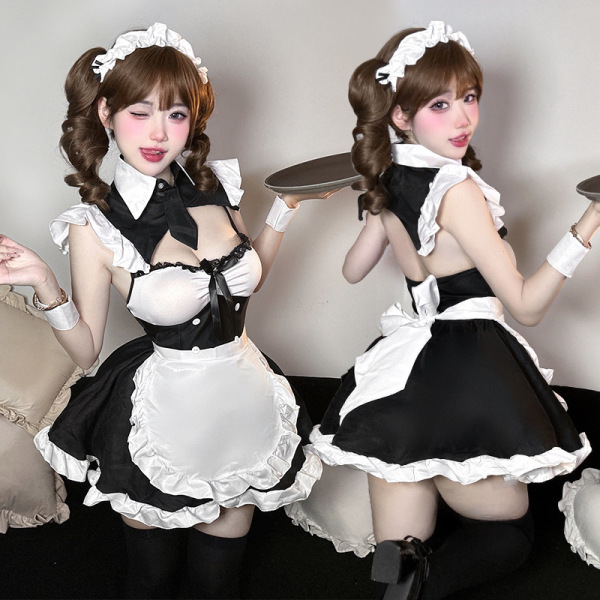 Woman modeling qingruohan maid costume lingerie set with white apron, headpiece, and black dress for role play sleepwear.
