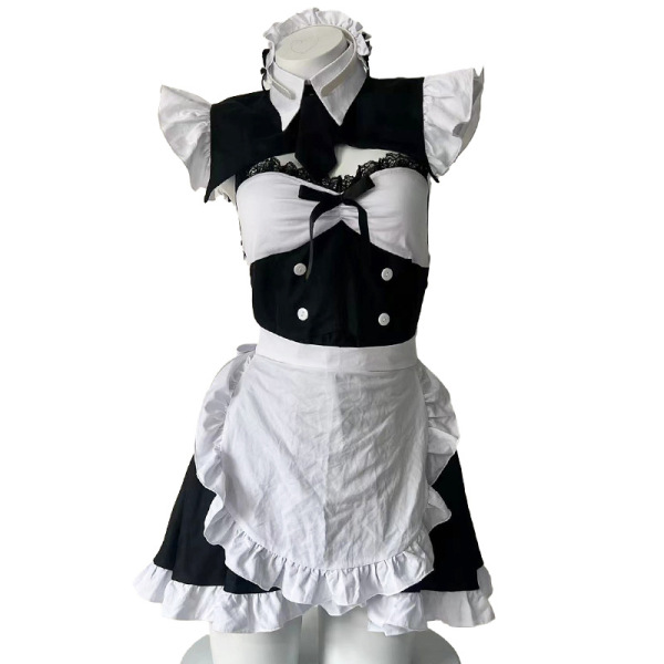 Black and white maid costume with ruffled apron, bow tie, and lace trim - qingruohan lingerie set for role play.