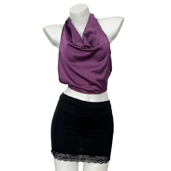 Purple halter top and black lace-trimmed mini skirt lingerie set for women.