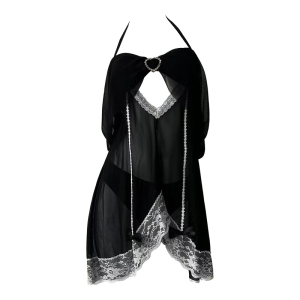 Black sheer lingerie robe with lace trim and heart pendant, designed for small busts.