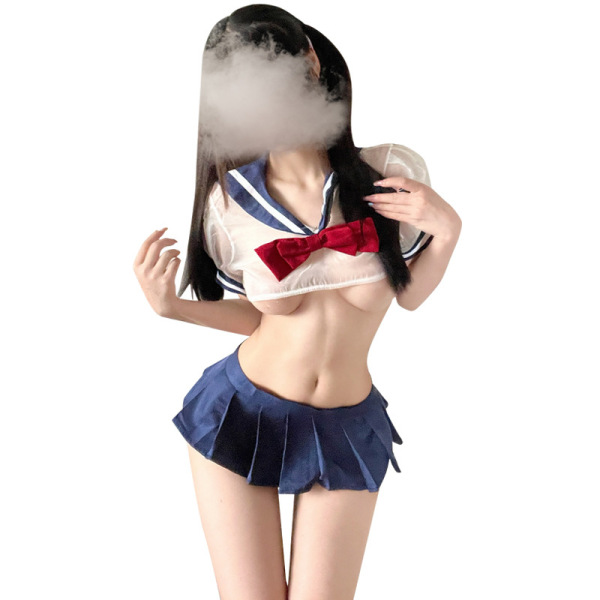 Sexy jk uniform set with pleated mini skirt and red bow, designed for adult role play by qingruohan.