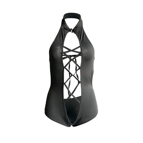 Sexy lace bodysuit featuring open-crotch design, tight-fitting uniform-style mesh bandage set with halter neck and crisscross...