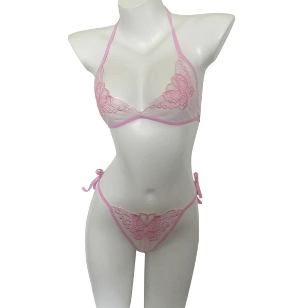Pink lace sheer bra and thong set with floral embroidery on a mannequin.