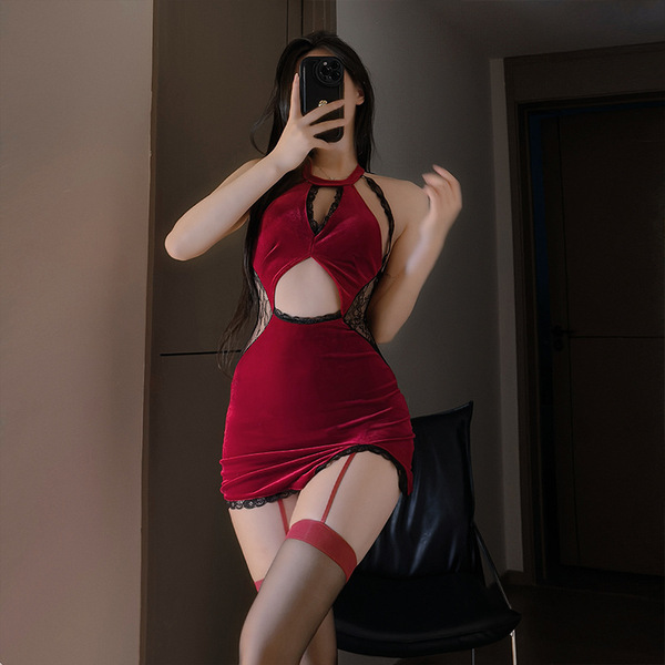 Qingruohan sexy lace-trimmed velvet cheongsam lingerie - seductive sheer costume outfit for women, featuring a red dress with...