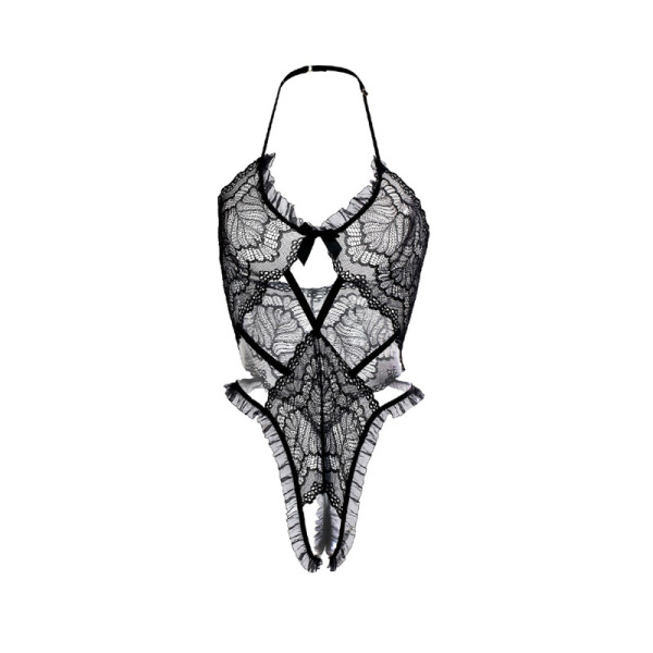 Black lace bodysuit with open-crotch design, featuring intricate floral patterns and a halter neckline.