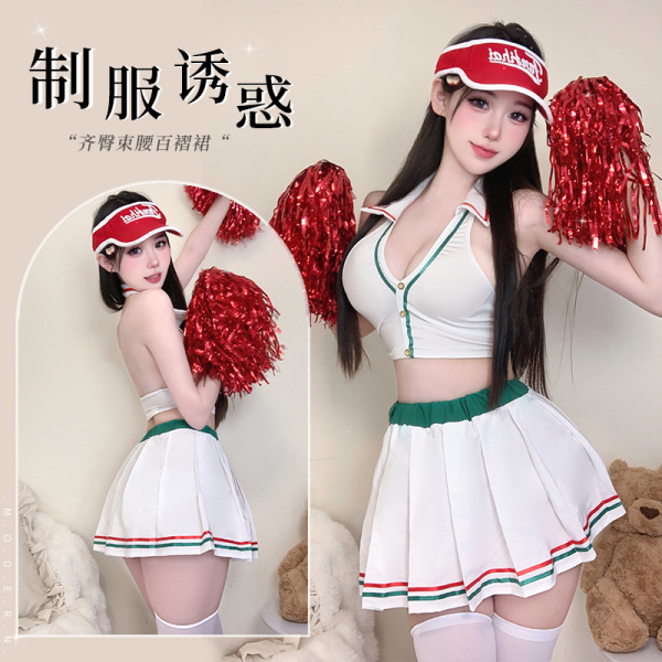 Model wearing qingruohan sexy lingerie set – pure & bold cheerleader costume with red pom-poms, white pleated skirt, and viso...
