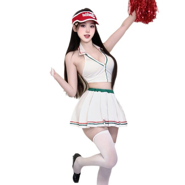 Woman in qingruohan cheerleader costume with red pom-pom, white top and skirt, green trim, thigh-highs, visor.