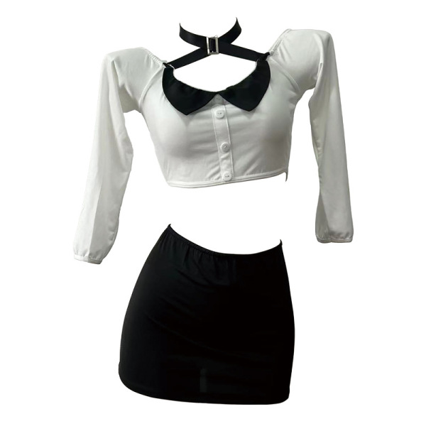 White cropped blouse with black collar and choker, paired with a sleek black bodycon skirt. qingruohan sexy lingerie set - pu...