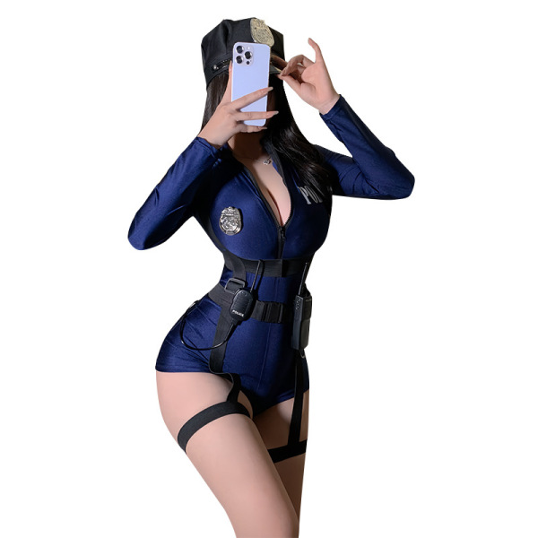 Woman in qingruohan sexy police cosplay outfit, tight-fit blue bodysuit with badge and hat, holding phone.