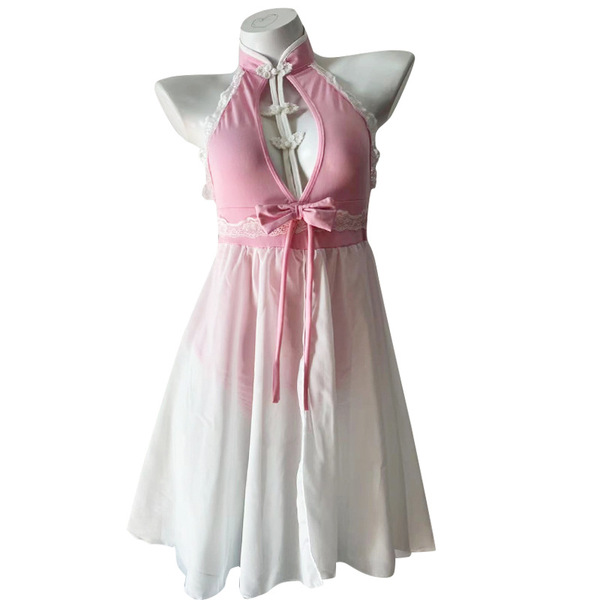 Pink and white silk qipao lingerie set with lace trim, bow detail, and vintage chinese-style design for women.