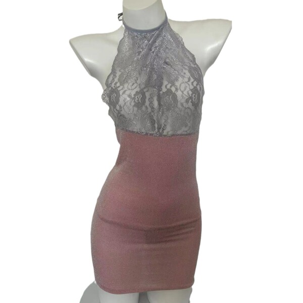 Sheer lace hook-neck bodycon dress in dusty rose, featuring a transparent top and fitted skirt for seductive nightclub or sle...