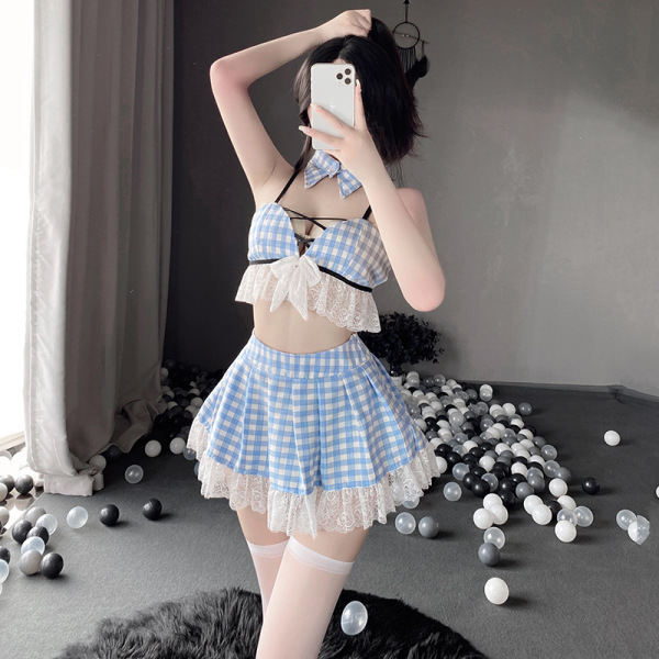 Woman modeling blue gingham qingruohan student uniform lingerie set with lace trim, bow tie, and white stockings for playful ...