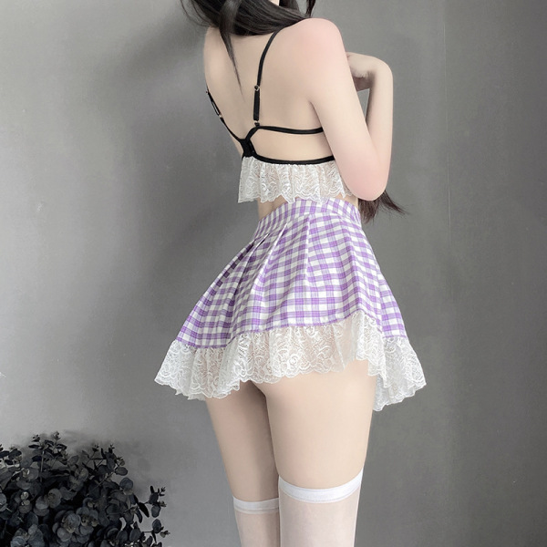 Woman wearing qingruohan purple gingham student uniform lingerie set with lace trim, black bra, and white thigh-high stocking...