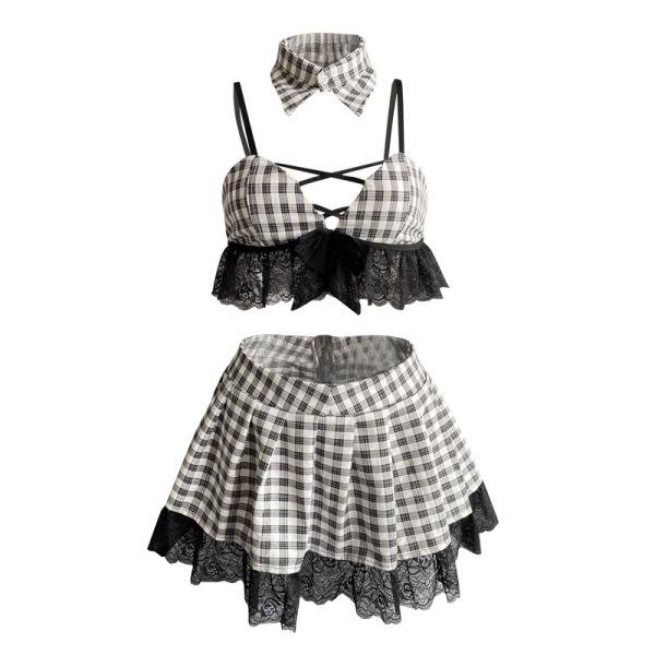 Plaid lingerie set with lace trim, featuring a bralette, skirt, and bow choker for playful role play.