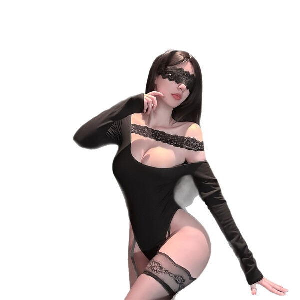 Woman wearing black qingshe lace bodysuit with off-shoulder design, thigh-high stockings, and eye mask — sensual lingerie for...