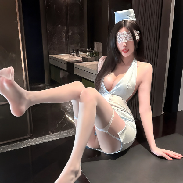 Woman in qingshe nurse-style lingerie set with lace eye mask, posing seductively on bathroom counter — pure yet tempting desi...
