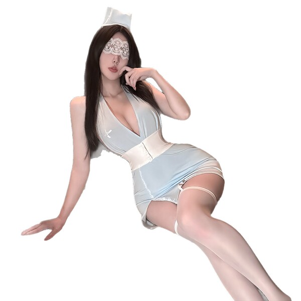 Woman in light blue nurse-style lingerie with lace mask and garter stockings, posing seductively — qingshe alluring nurse set...