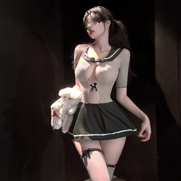 Woman wearing qingshe jk sailor outfit lingerie - seductive mesh bodysuit with nautical charm, holding plush toy.